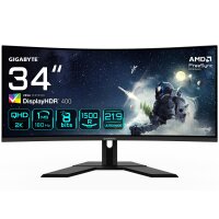 Gigabyte G34WQCP 34" UWQHD Curved Gaming Monitor - 3440 x 1440, 1500R, 180Hz, 1ms, 350 cd/m², AMD FreeSync Premium, DisplayHDR 400, HDMI 2.0, DisplayPort 1.4, 86,4 cm (34"), 3440 x 1440 Pixel, UltraWide Quad HD, LED, 1 ms, Schwarz