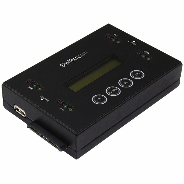 StarTech.com 1:1 Selbständige Festplatten Klonstation und Löscher - USB Stick und SATA HDD/SSD Disk Kloner und Löscher - LCD Bildschirm - TAA konform - OS unabhängig - HDD-Duplikator - 2 Kopien - Kopieren - Löschen - Schwarz - Stahl - 6,6 GB/min