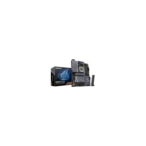 Gigabyte B850 AI TOP Motherboard - AMD Ryzen 9000 Series CPUs, 16+2+2 Phasen Digital VRM, bis zu 8600MHz DDR5 (OC), 2xPCIe 5.0+ 1xPCIe 4.0 M.2, 10 GbE LAN, WIFI 7, USB 3.2 Gen 2x2, AMD, Sockel AM5, AMD Ryzen 7000 Series, AMD Ryzen 8000 Series, AMD Ryzen 9