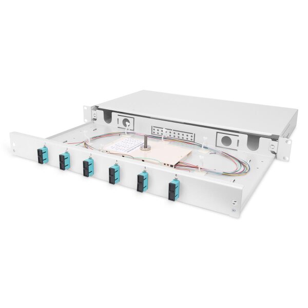 DIGITUS DN-96320/3 - LWL Spleißbox, 1HE, bestückt, 6x SC DX, OM3 inkl. Spleißkass., gefärbte Pigtails, Kupplungen