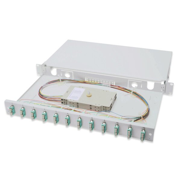 DIGITUS DN-96321/3 - LWL Spleißbox, 1HE, bestückt, 12x SC DX, OM3 inkl. Spleißkass., gefärbte Pigtails, Kupplungen