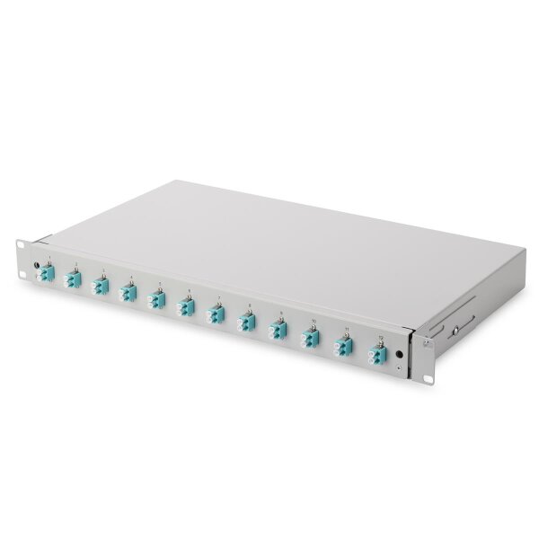 DIGITUS DN-96331/3 - LWL Spleißbox, 1HE, bestückt, 12x LC DX, OM3 inkl. Spleißkass., gefärbte Pigtails, Kupplungen