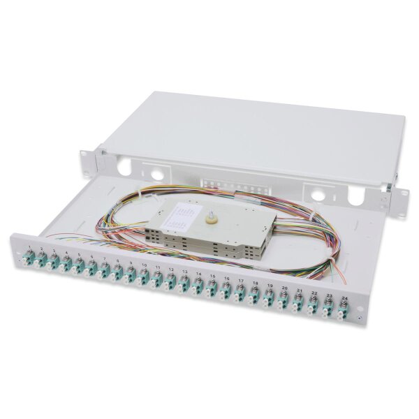 DIGITUS DN-96332/3 - LWL Spleißbox, 1HE, bestückt, 24x LC DX, OM3 inkl. Spleißkass., gefärbte Pigtails, Kupplungen